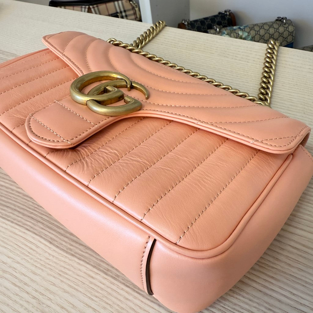Gucci Calfskin Vertical Ring Matelasse Small GG Marmont Shoulder Bag Peachy Chic