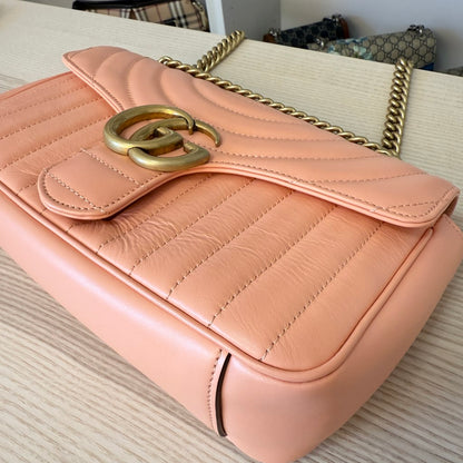 Gucci Calfskin Vertical Ring Matelasse Small GG Marmont Shoulder Bag Peachy Chic