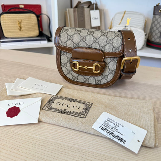Gucci GG Supreme Monogram Mini Horsebit 1955 Rounded Shoulder Bag Beige Brown Sugar