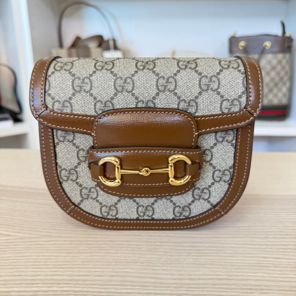 Gucci GG Supreme Monogram Mini Horsebit 1955 Rounded Shoulder Bag Beige Brown Sugar