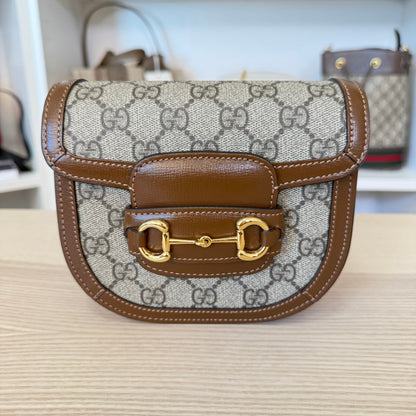 Gucci GG Supreme Monogram Mini Horsebit 1955 Rounded Shoulder Bag Beige Brown Sugar