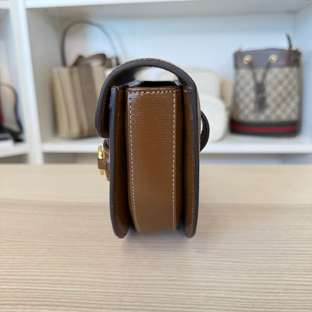 Gucci GG Supreme Monogram Mini Horsebit 1955 Rounded Shoulder Bag Beige Brown Sugar