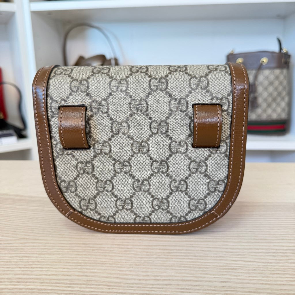 Gucci GG Supreme Monogram Mini Horsebit 1955 Rounded Shoulder Bag Beige Brown Sugar