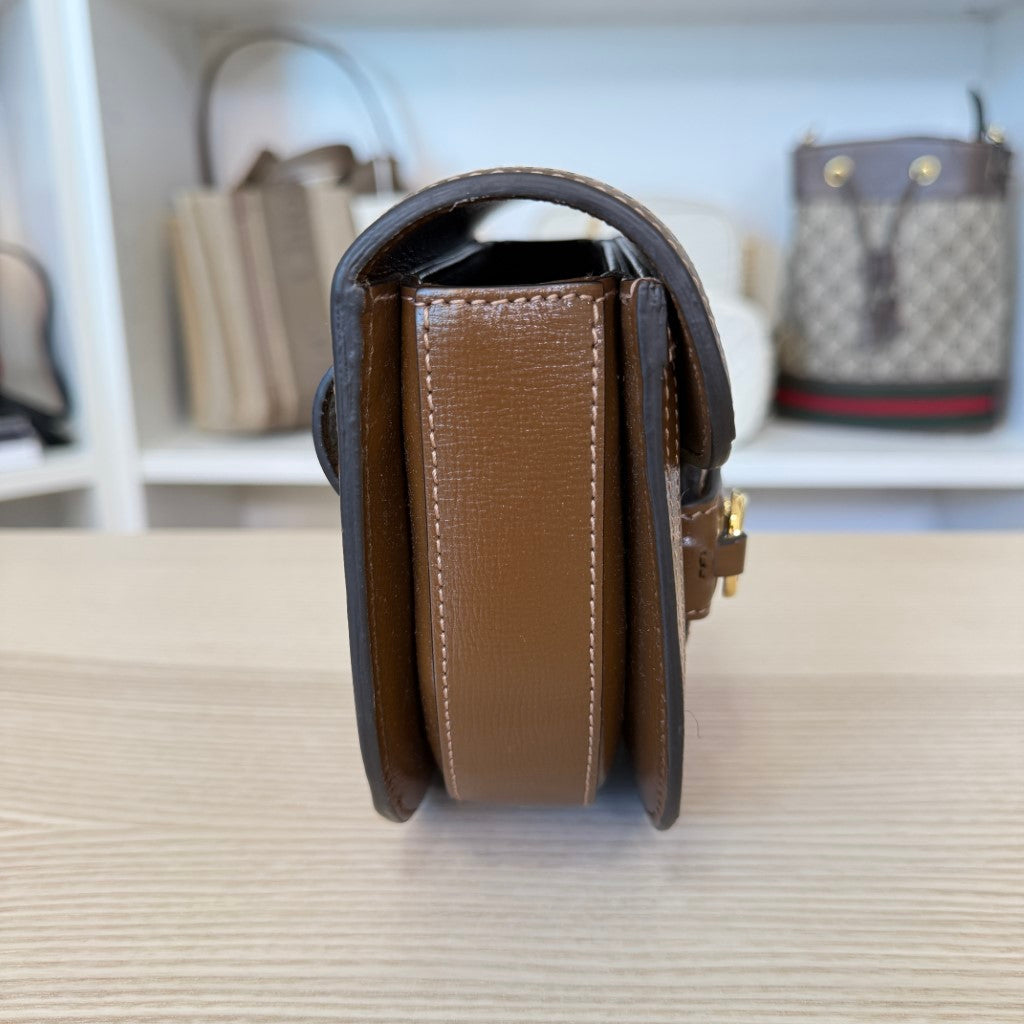 Gucci GG Supreme Monogram Mini Horsebit 1955 Rounded Shoulder Bag Beige Brown Sugar