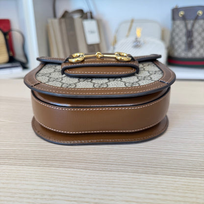 Gucci GG Supreme Monogram Mini Horsebit 1955 Rounded Shoulder Bag Beige Brown Sugar