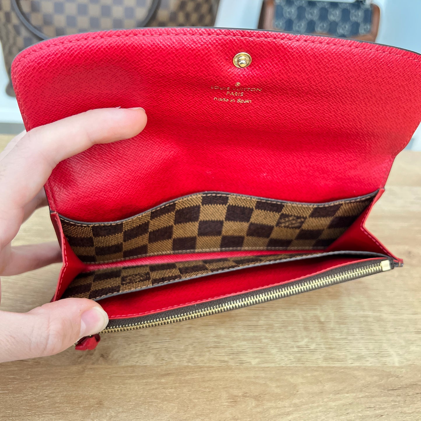 Louis Vuitton Damier Ebene Emilie Wallet Red