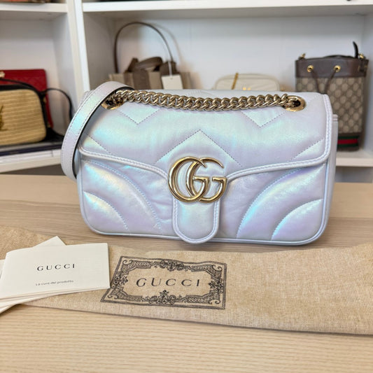 Gucci Iridescent Chevron Matelasse Small GG Marmont Shoulder Bag Iridescent Snow Light Blue