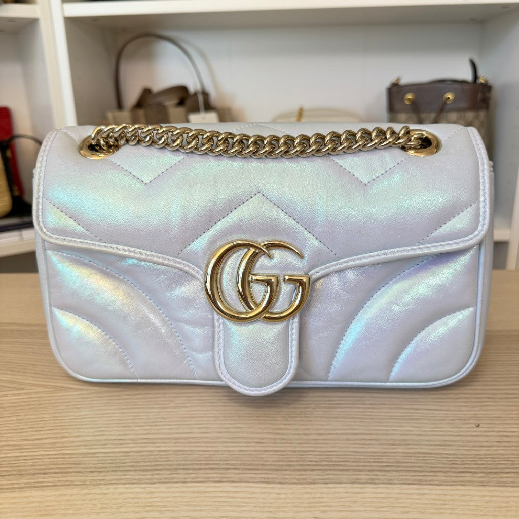 Gucci Iridescent Chevron Matelasse Small GG Marmont Shoulder Bag Iridescent Snow Light Blue