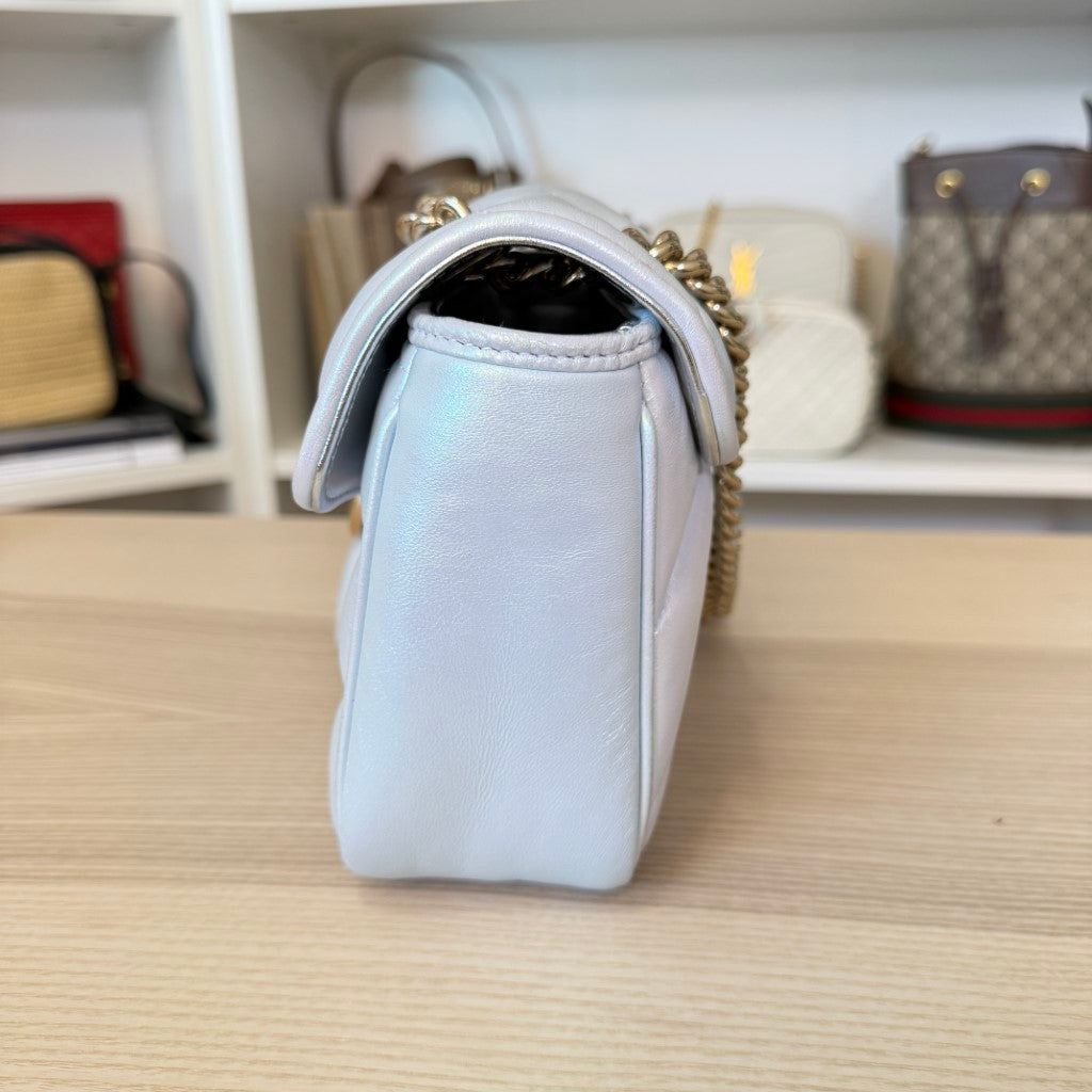 Gucci Iridescent Chevron Matelasse Small GG Marmont Shoulder Bag Iridescent Snow Light Blue