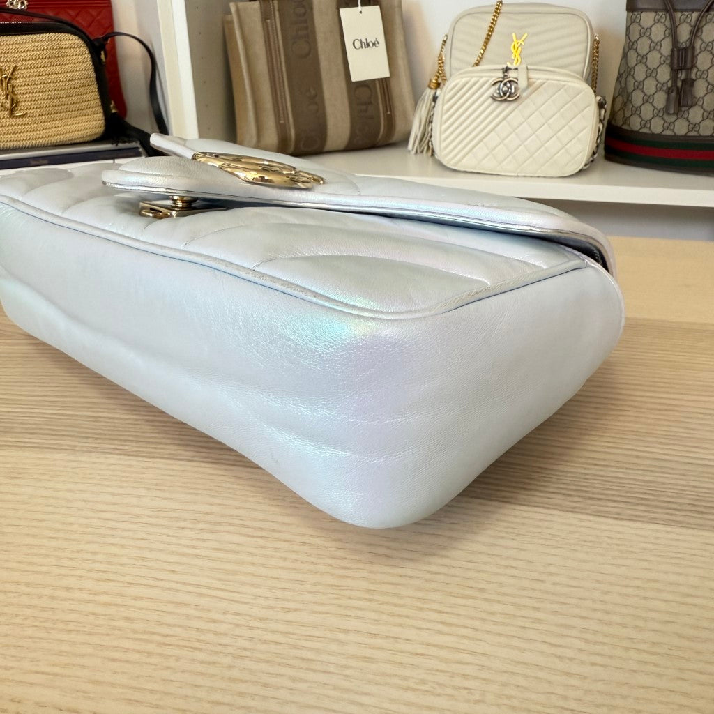 Gucci Iridescent Chevron Matelasse Small GG Marmont Shoulder Bag Iridescent Snow Light Blue
