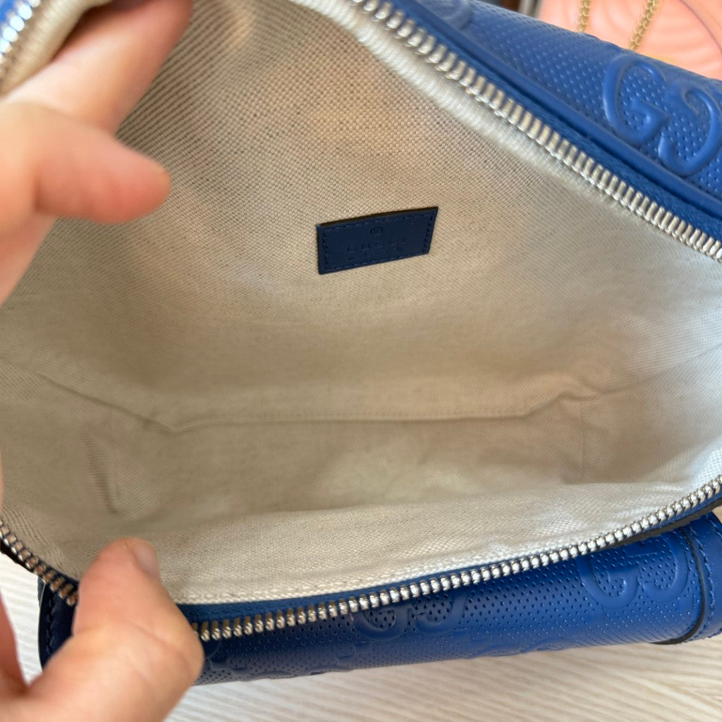 Gucci Calfskin GG Tennis Embossed Pocket Belt Bag Blue