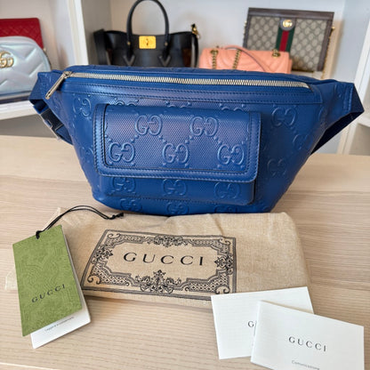 Gucci Calfskin GG Tennis Embossed Pocket Belt Bag Blue