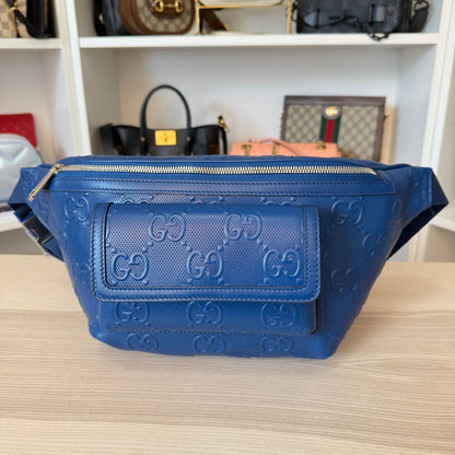 Gucci Calfskin GG Tennis Embossed Pocket Belt Bag Blue