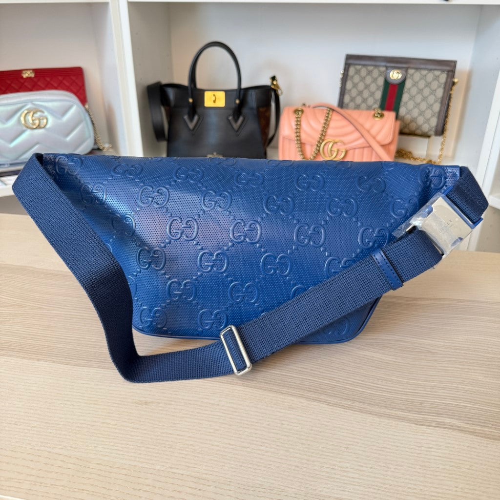 Gucci Calfskin GG Tennis Embossed Pocket Belt Bag Blue