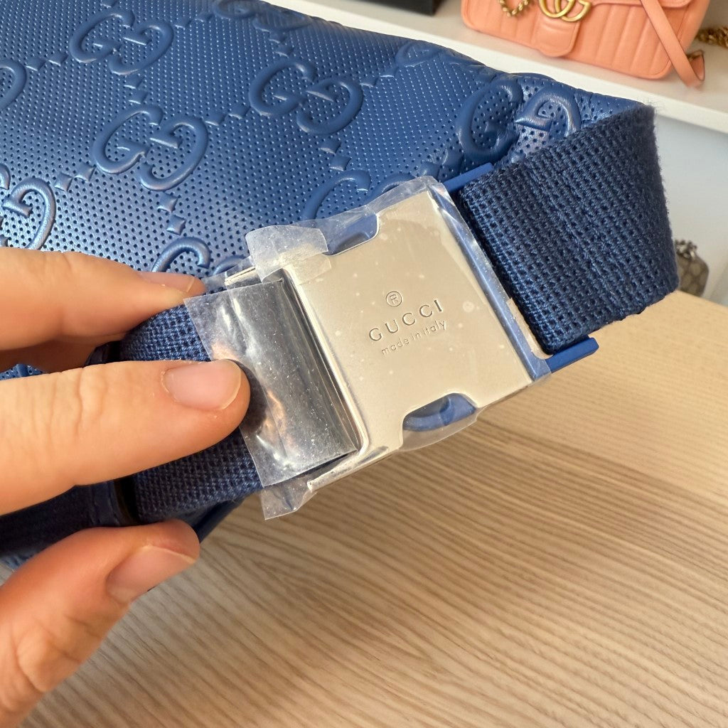 Gucci Calfskin GG Tennis Embossed Pocket Belt Bag Blue