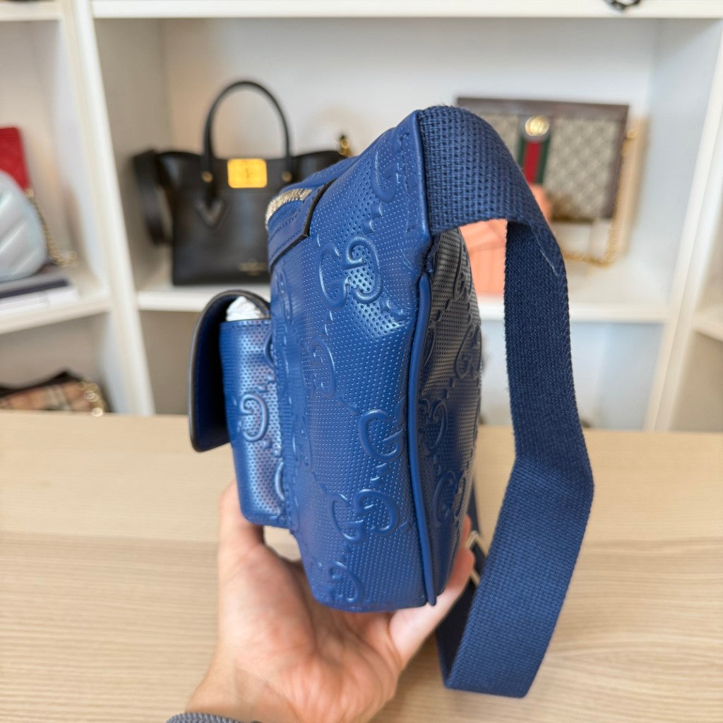 Gucci Calfskin GG Tennis Embossed Pocket Belt Bag Blue