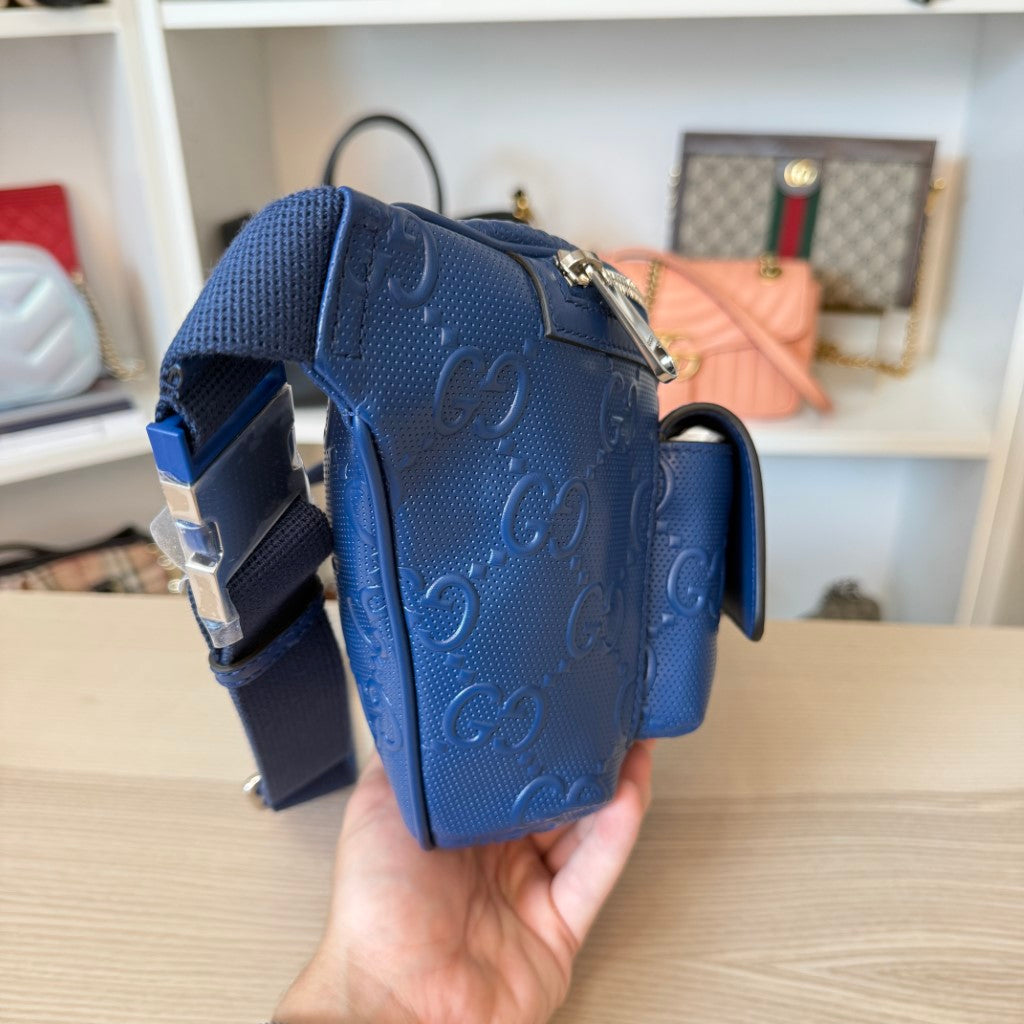 Gucci Calfskin GG Tennis Embossed Pocket Belt Bag Blue