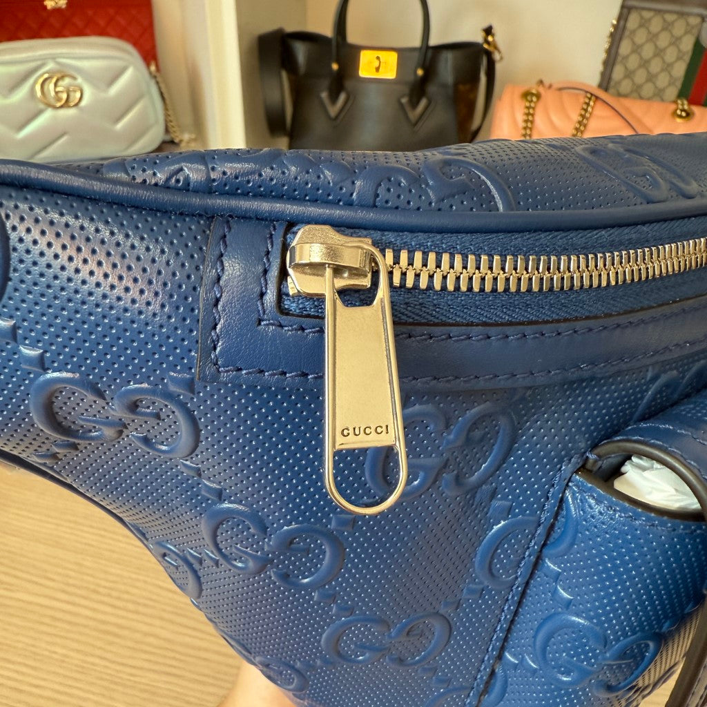 Gucci Calfskin GG Tennis Embossed Pocket Belt Bag Blue