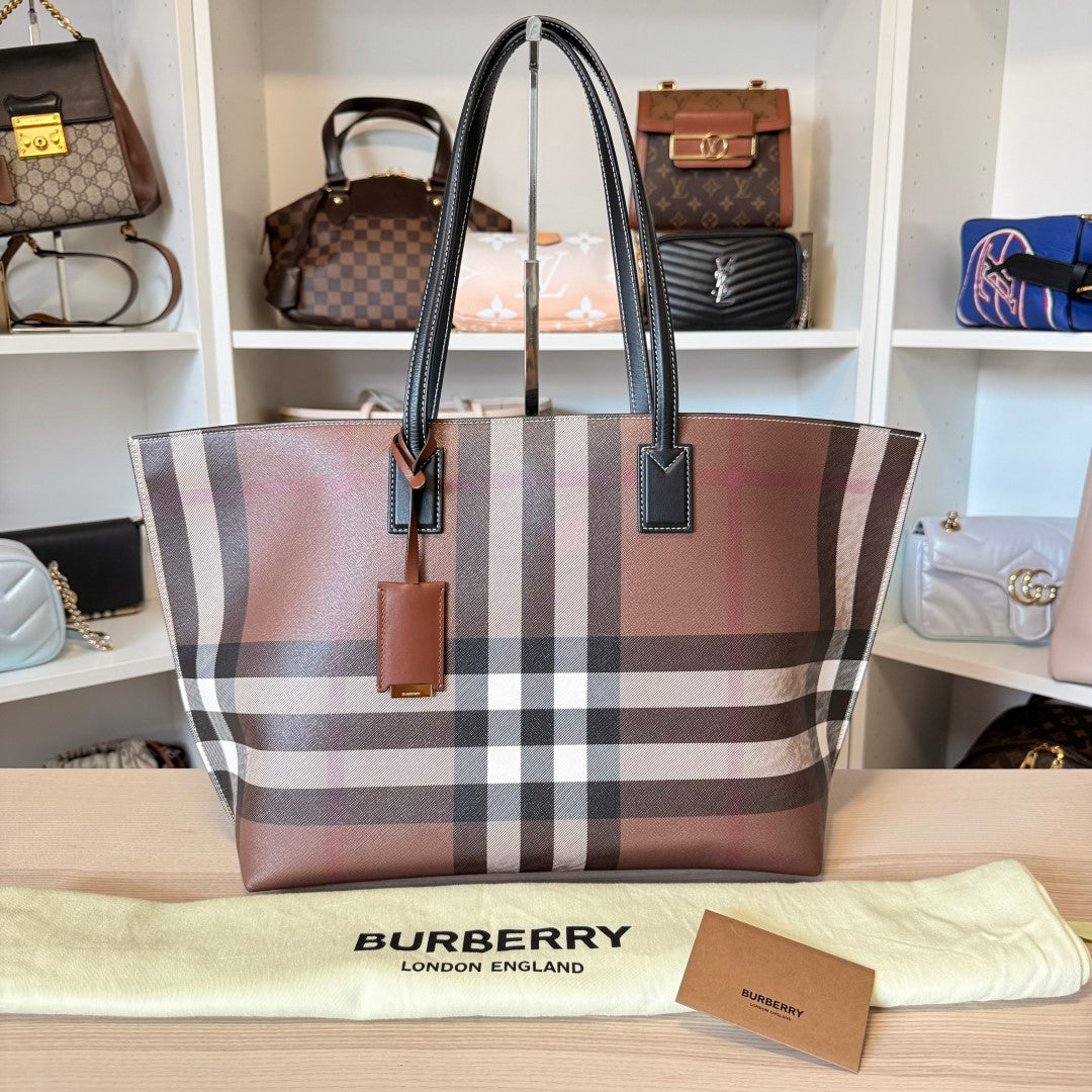 Burberry Check Medium E-Canvas & Leather Soft Tote