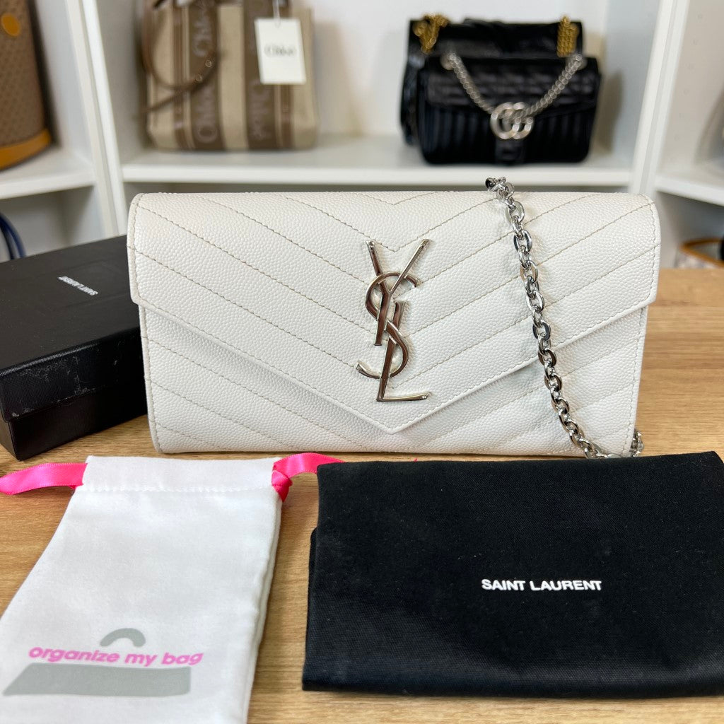 Saint Laurent YSL Cassandre Matelassé Large Flap Wallet Grain de Poudre Leather w/ Crossbody Conversion