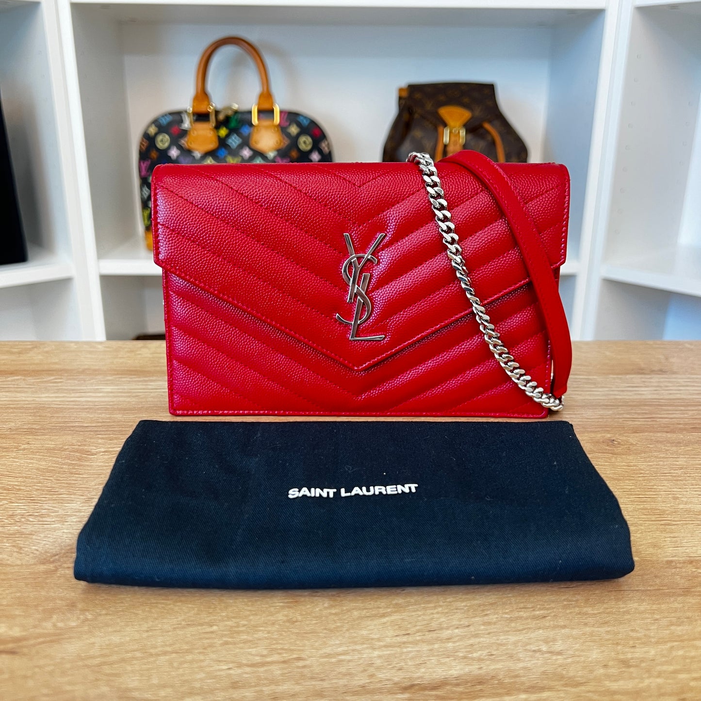 Saint Laurent Grain De Poudre Matelasse Chevron Monogram Envelope Chain Wallet Rouge Eros