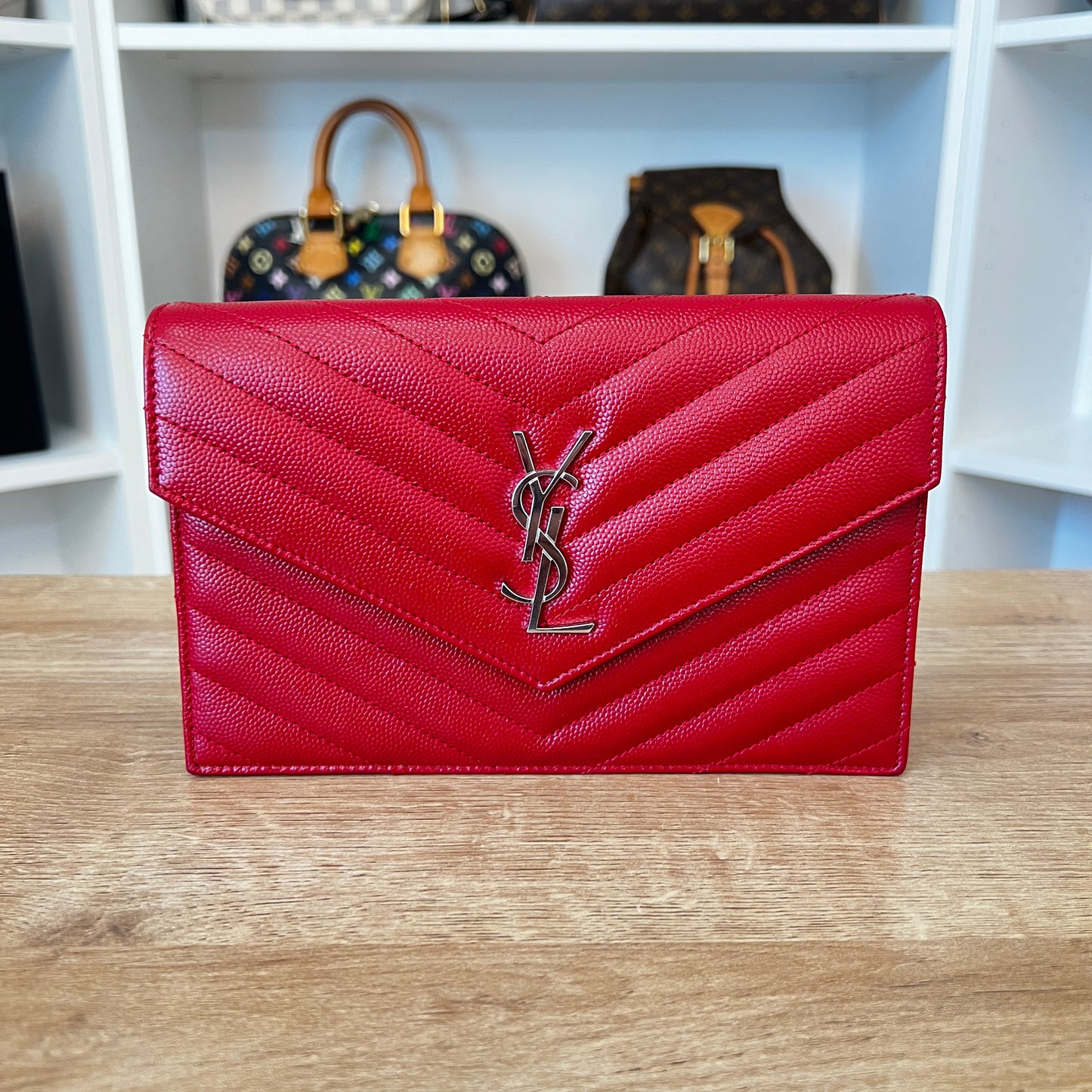 Saint Laurent Grain De Poudre Matelasse Chevron Monogram Envelope Chain Wallet Rouge Eros