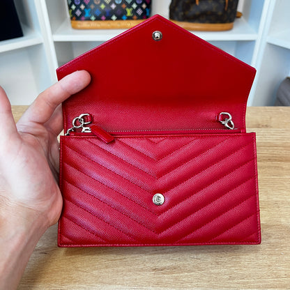 Saint Laurent Grain De Poudre Matelasse Chevron Monogram Envelope Chain Wallet Rouge Eros