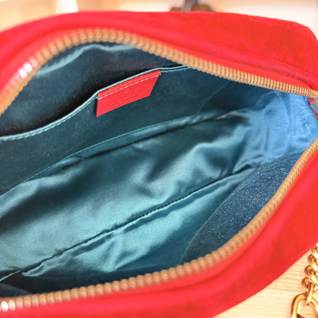Gucci Velvet Matelasse Small GG Marmont Chain Shoulder Bag Red