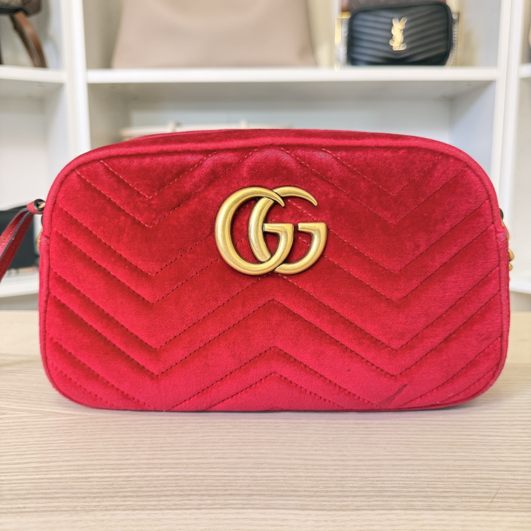 Gucci Velvet Matelasse Small GG Marmont Chain Shoulder Bag Red