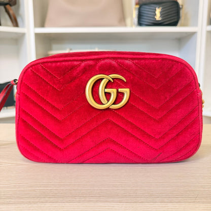 Gucci Velvet Matelasse Small GG Marmont Chain Shoulder Bag Red
