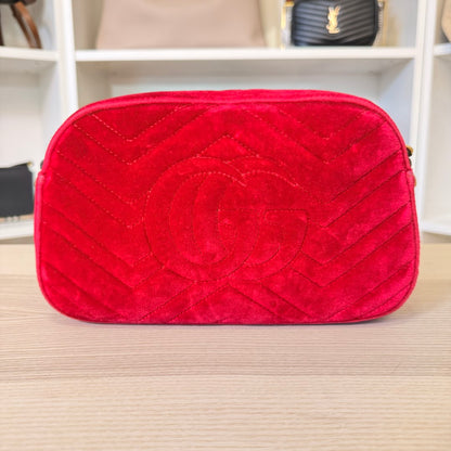 Gucci Velvet Matelasse Small GG Marmont Chain Shoulder Bag Red