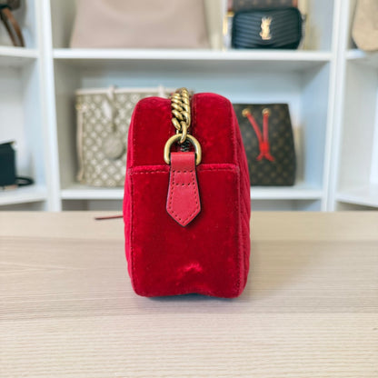Gucci Velvet Matelasse Small GG Marmont Chain Shoulder Bag Red