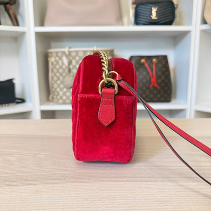 Gucci Velvet Matelasse Small GG Marmont Chain Shoulder Bag Red