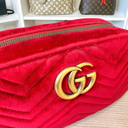Gucci Velvet Matelasse Small GG Marmont Chain Shoulder Bag Red