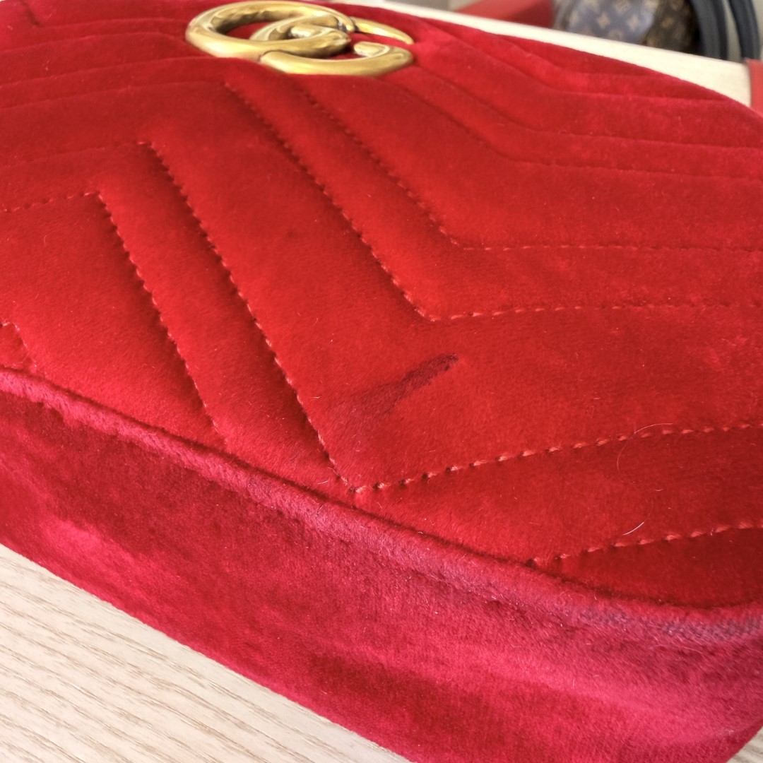 Gucci Velvet Matelasse Small GG Marmont Chain Shoulder Bag Red
