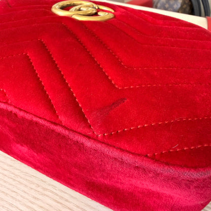 Gucci Velvet Matelasse Small GG Marmont Chain Shoulder Bag Red