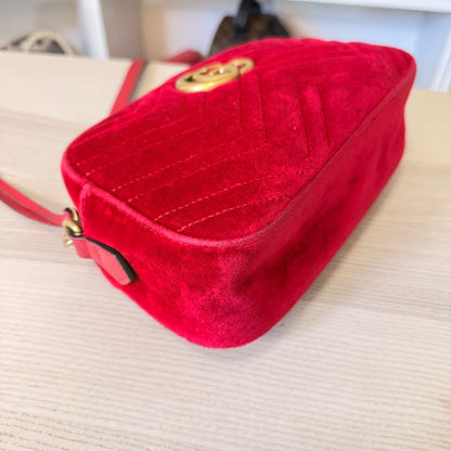Gucci Velvet Matelasse Small GG Marmont Chain Shoulder Bag Red