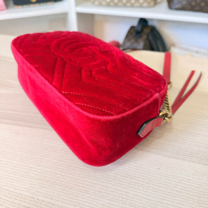 Gucci Velvet Matelasse Small GG Marmont Chain Shoulder Bag Red