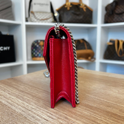 Saint Laurent Grain De Poudre Matelasse Chevron Monogram Envelope Chain Wallet Rouge Eros