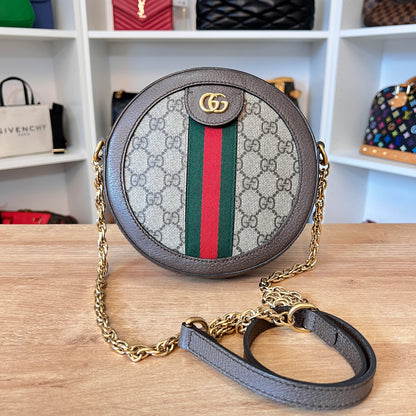 Gucci GG Supreme Monogram Web Mini Ophidia Round Shoulder Bag Brown