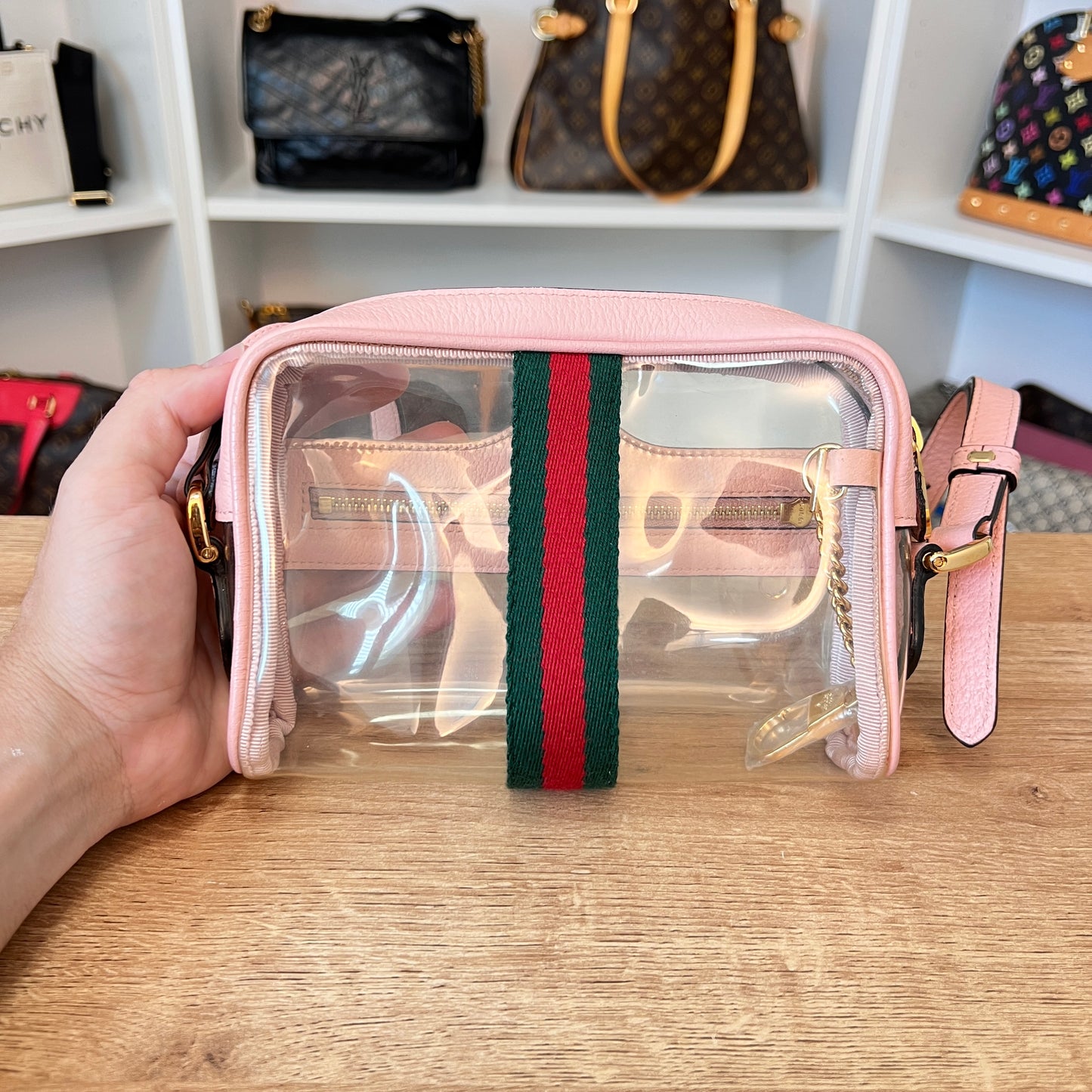 Gucci Vinyl Web Mini Ophidia Transparent Shoulder Bag Perfect Pink