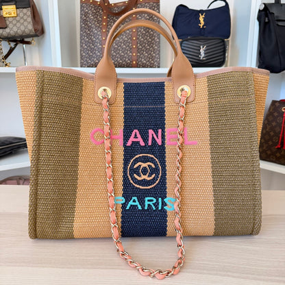 Chanel Straw Raffia Calfskin Striped Medium Deauville Tote Khaki Beige Navy Blue