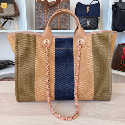 Chanel Straw Raffia Calfskin Striped Medium Deauville Tote Khaki Beige Navy Blue