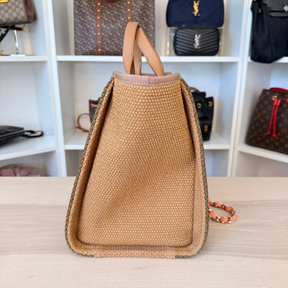Chanel Straw Raffia Calfskin Striped Medium Deauville Tote Khaki Beige Navy Blue