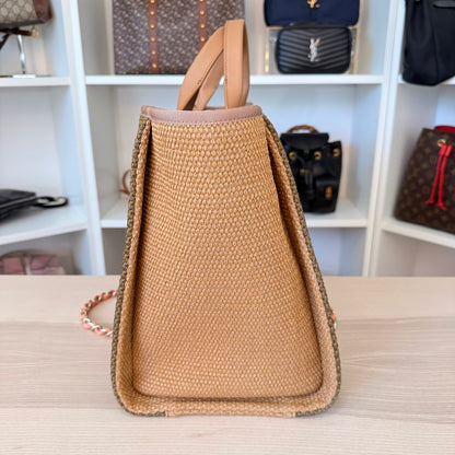Chanel Straw Raffia Calfskin Striped Medium Deauville Tote Khaki Beige Navy Blue