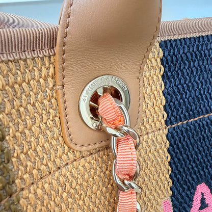 Chanel Straw Raffia Calfskin Striped Medium Deauville Tote Khaki Beige Navy Blue