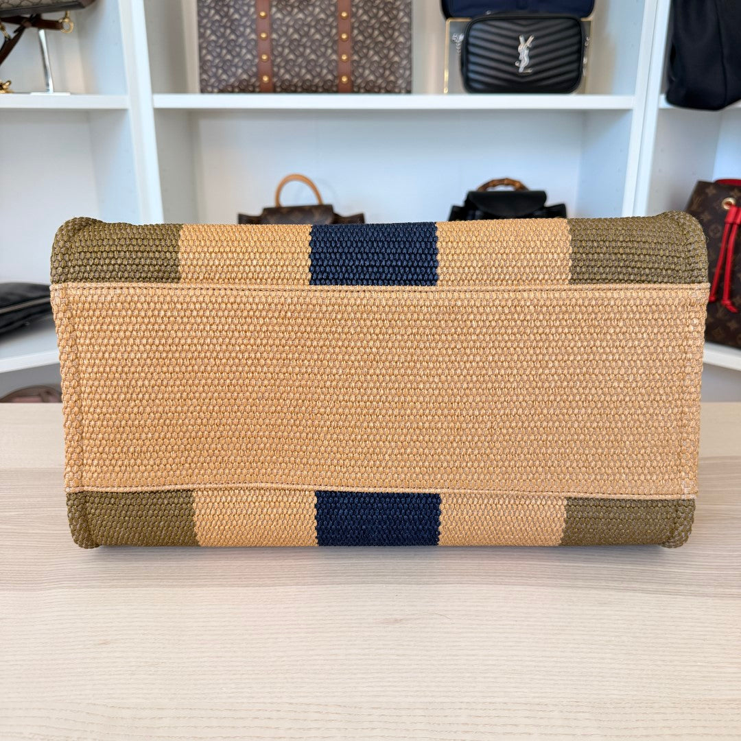 Chanel Straw Raffia Calfskin Striped Medium Deauville Tote Khaki Beige Navy Blue