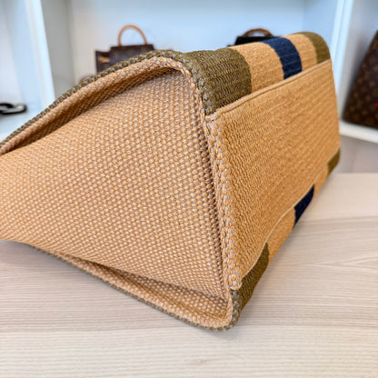 Chanel Straw Raffia Calfskin Striped Medium Deauville Tote Khaki Beige Navy Blue