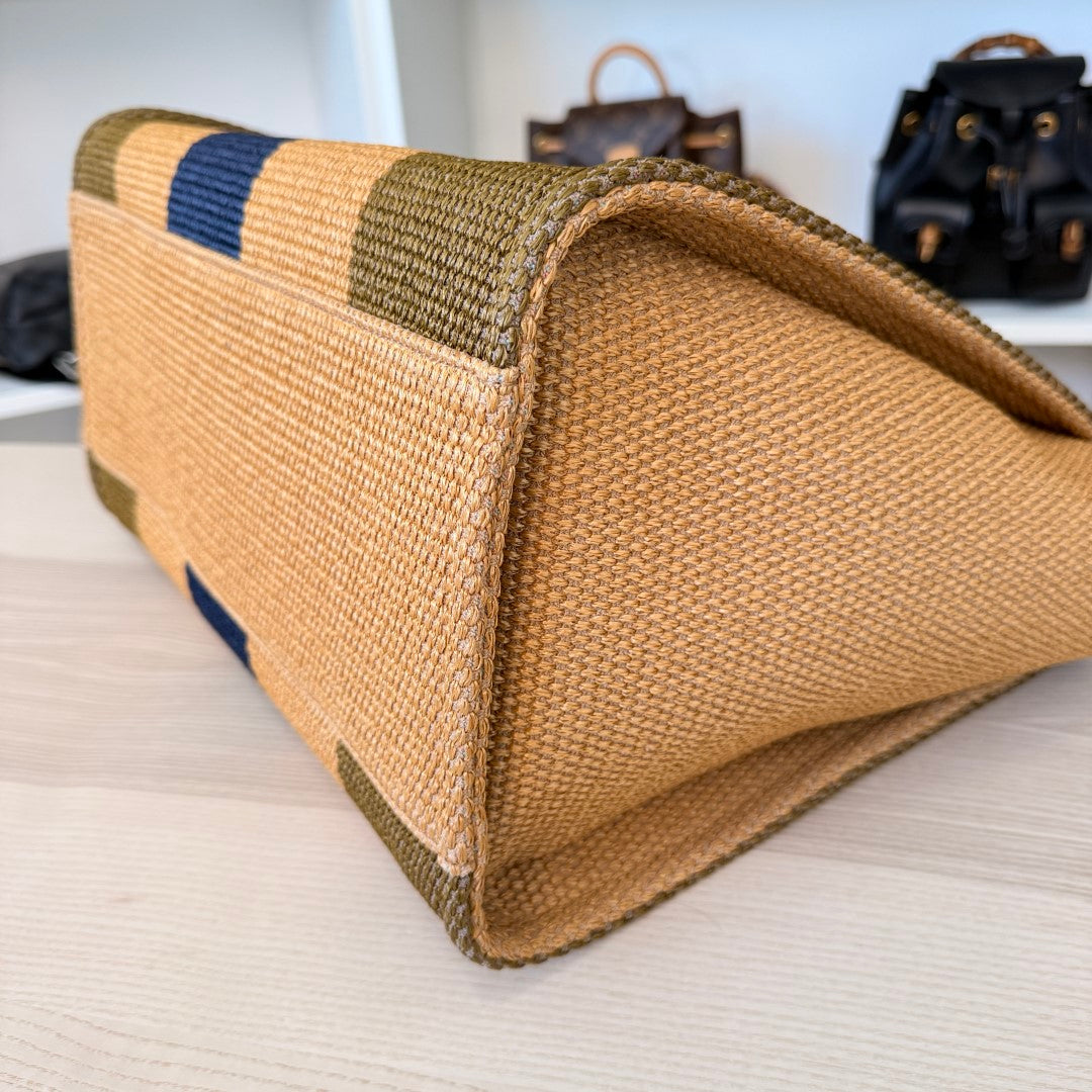 Chanel Straw Raffia Calfskin Striped Medium Deauville Tote Khaki Beige Navy Blue