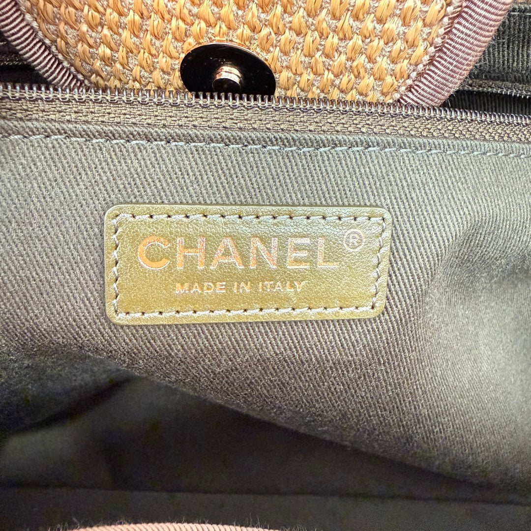 Chanel Straw Raffia Calfskin Striped Medium Deauville Tote Khaki Beige Navy Blue